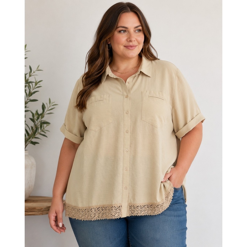 Cato 22/24W Beige Lace Hem Button Front Blouse Plus Size‎ Short Sleeve
